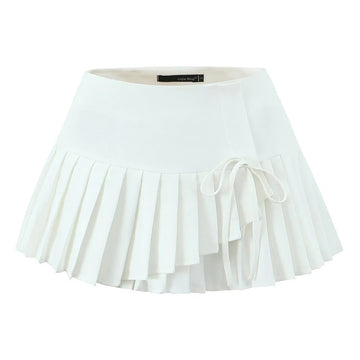 Irregular lace up pleated short skirt